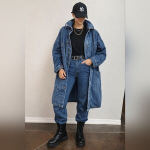 Vintage Long Denim Jacket Coat | Oversized 90s Utility Jean Jacket